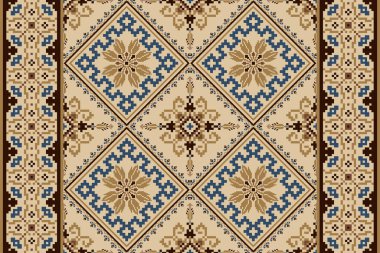 Kahverengi arka plan üzerine çiçek haçı nakışı. Geometrik etnik oryantal desen geleneği. Doku, kumaş, giysi, ambalaj, dekorasyon, halı için soyut vektör çizimi..