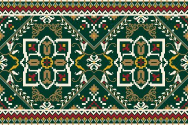 Yeşil arka plan üzerine çiçek haçı nakışı. Geometrik etnik oryantal desen geleneği. Doku, kumaş, giysi, ambalaj, dekorasyon, eşarp için tasarım..