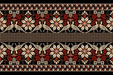 Siyah arka plan üzerine çiçek pikseli sanat nakışı. Geometrik etnik oryantal desen geleneği. Doku, kumaş, giysi, ambalaj, dekorasyon, halı dekorasyonu, baskı için tasarım.