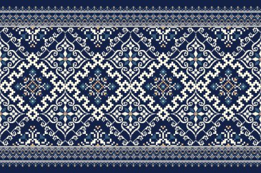 Deniz mavisi arka plan üzerine çiçek haçı nakışı. Geometrik etnik oryantal desen geleneği. Doku, kumaş, giysi, süsleme, dekorasyon için tasarım..