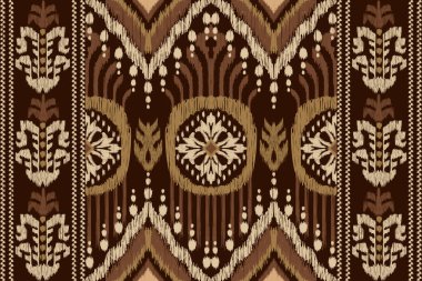 African Ikat paisley embroidery on brown background.geometric ethnic oriental seamless pattern traditional.Aztec style abstract vector.design for texture,fabric,clothing,wrapping,decoration,carpet. clipart