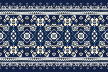 Deniz mavisi arka plan üzerine çiçek haçı nakışı. Geometrik etnik oryantal desen geleneği. Doku, kumaş, giysi, süsleme, dekorasyon için tasarım..