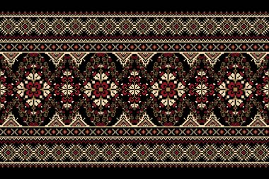 Floral Cross Stitch Embroidery on black background.geometric ethnic oriental pattern traditional.Aztec style abstract vector illustration.design for texture,fabric,clothing,wrapping,decoration,scarf.