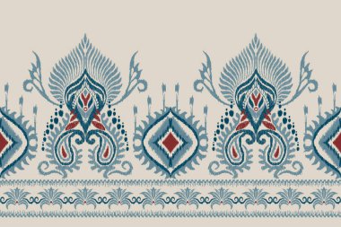 Gri arka plana Ikat çiçekli desenli nakış. Geometrik etnik doğu desenli geleneksel. Doku, kumaş, ambalaj, giysi, dekorasyon, sarong için tasarım..