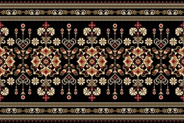 Siyah arka plana Arabesque çiçekli çapraz dikiş nakışı. Geometrik etnik oryantal desen geleneği. Doku, kumaş, giysi, dekorasyon, halı tasarımı..