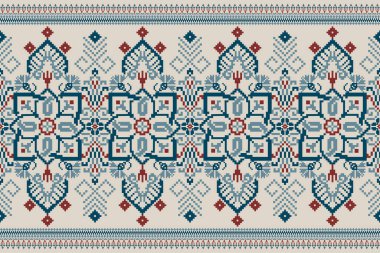 Floral Cross Stitch Embroidery on gray background.geometric ethnic oriental pattern traditional.Aztec style abstract vector illustration.design for texture,fabric,clothing,wrapping,decoration,scarf.