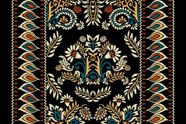Ikat Broderie Paisley Floral Sur Fond Noir Motif Oriental Ethnique — Image vectorielle