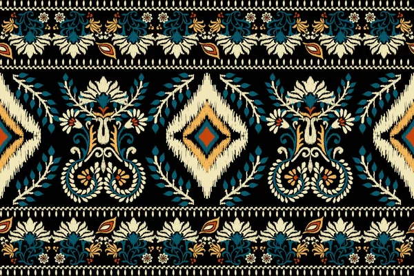 Ikat Floral Paisley Embroidery Black Background Geometric Ethnic Oriental Pattern — 스톡 벡터