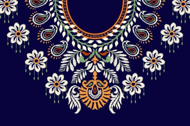 Neckline Ikat çiçek desenli işlemeli lacivert arka plan .çiçek desenli desen geleneksel. Öztec stil soyut vektör çizimi. Doku, kumaş, giysi ve moda kadınları için tasarım.