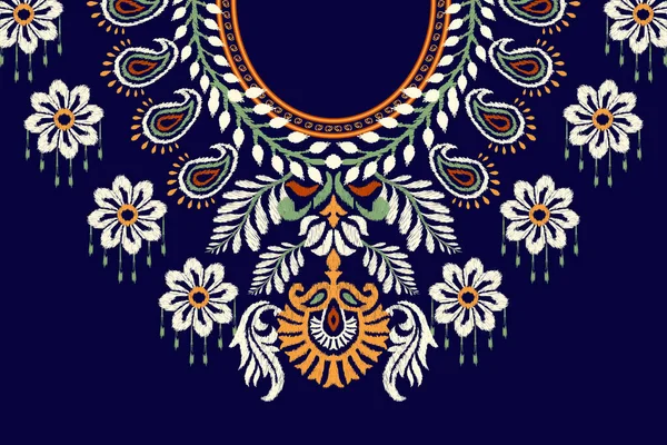 Neckline Ikat Floral Paisley Embroidery Navy Blue Background Floral Neckline — Stock Vector