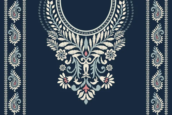 领口Ikat花绣花绣花在海军蓝的背景上 Boho领口民族图案传统 阿兹特克风格的抽象矢量插图 纹理设计 时尚女性服装 印刷品 — 图库矢量图片