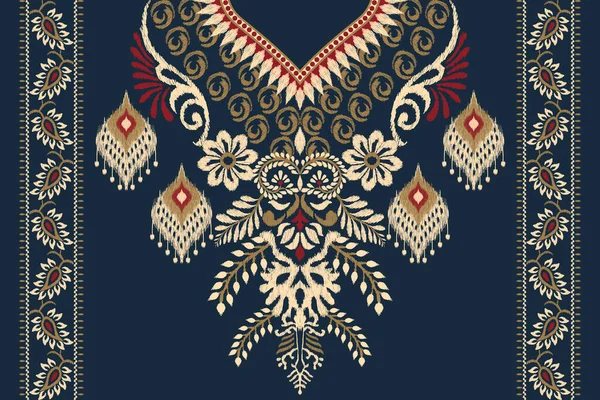 ネックラインネイビーブルーの背景にイカットの花ペイズリー刺繍 花のネックラインパターンの伝統 Aztecスタイル抽象的なベクトルイラスト — ストックベクタ