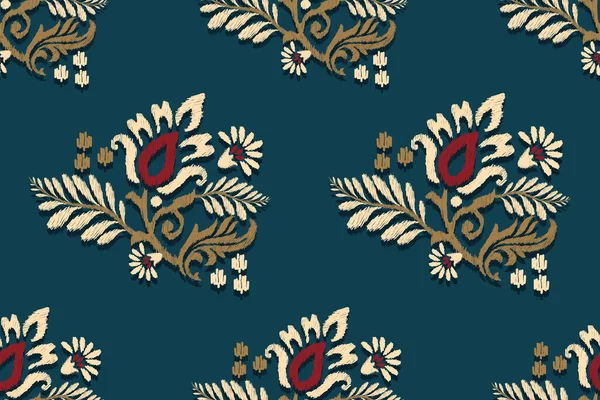 Ikat Bloemen Paisley Borduurwerk Turquoise Ikat Etnisch Oosters Patroon Traditioneel — Stockvector