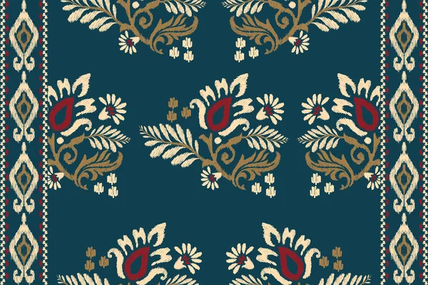 Turquotise Ikat民族東洋のシームレスなパターンの伝統にイカットの花ペイズリー刺繍 Aztecスタイル抽象的なベクトルのイラスト テクスチャ ファブリック ラッピング サロンのためのデザイン — ストックベクタ
