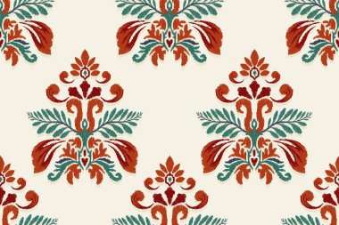 Beyaz arka plana Ikat çiçekli desenli nakış. Etnik doğuya özgü dikdörtgen desenli geleneksel. Doku, kumaş, giysi, ambalaj, dekorasyon için tasarım..