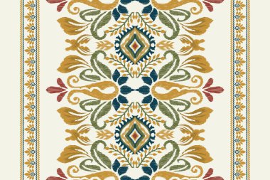 Beyaz arka plana Ikat desenli desenli işleme.Etnik oryantal desen geleneği. Doku, kumaş, giysi, ambalaj, dekorasyon, sarong, eşarp için soyut vektör çizimi.