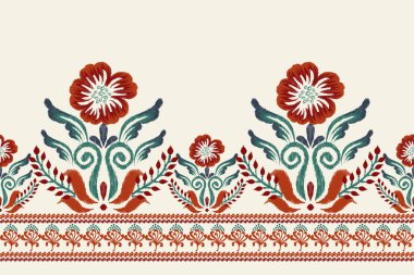 Beyaz arka plana Ikat desenli desenli işleme.Etnik oryantal desen geleneği. Doku, kumaş, giysi, ambalaj, dekorasyon, sarong, eşarp için soyut vektör çizimi.