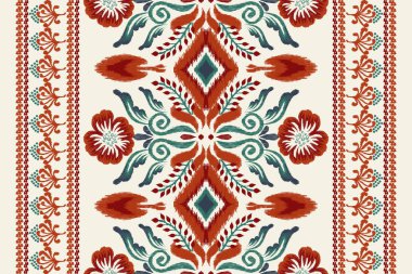 Beyaz arka plana Ikat desenli desenli işleme.Etnik oryantal desen geleneği. Doku, kumaş, giysi, ambalaj, dekorasyon, sarong, eşarp için soyut vektör çizimi.