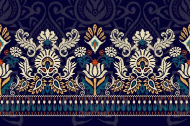 Koyu mor arkaplan üzerine Ikat desenli desenli işlemeler. Etnik oryantal desen geleneği. Doku, kumaş, kıyafet, ambalaj, dekorasyon, sarong için tasarım.