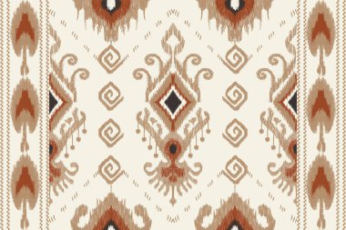 Beyaz arka plana Ikat desenli desenli işleme.Etnik oryantal desen geleneği. Doku, kumaş, giysi, ambalaj, dekorasyon, halı, eşarp için soyut vektör çizimi.