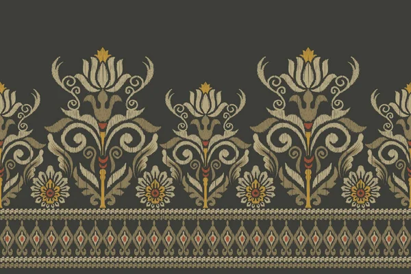 Ikat Broderie Paisley Floral Sur Fond Vert Foncé Ikat Motif — Image vectorielle