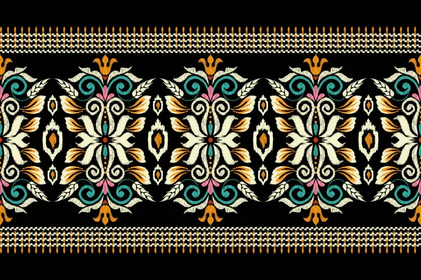 Ikat Bloemen Paisley Borduurwerk Zwarte Achtergrond Ikat Etnisch Oosters Patroon — Stockvector