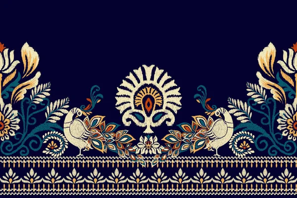 Bordado Paisley Floral Ikat Fundo Azul Escuro Padrão Oriental Étnico —  Vetores de Stock