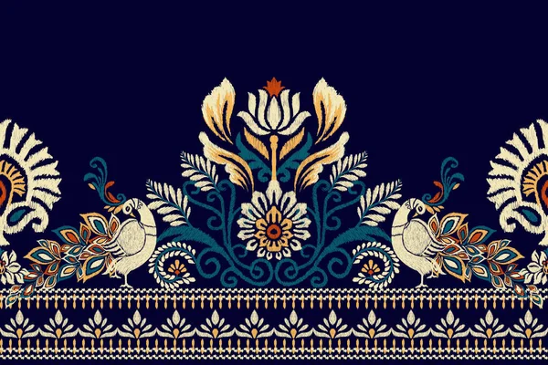 Ikat Floral Paisley Κεντήματα Σκούρο Μπλε Φόντο Ikat Έθνικ Ανατολίτικο — Διανυσματικό Αρχείο