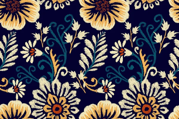 Ikat Bordado Paisley Floral Sobre Fondo Negro Ikat Patrón Sin — Vector de stock