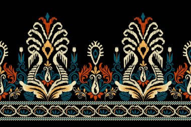Siyah arkaplana Ikat desenli desenli işleme.Etnik oryantal desen geleneği. Doku, kumaş, giysi, ambalaj, dekorasyon, sarong, eşarp için soyut vektör çizimi.