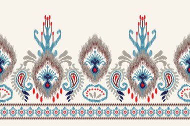 Beyaz arka plana Ikat desenli desenli işleme.Etnik oryantal desen geleneği. Doku, kumaş, giysi, ambalaj, dekorasyon, sarong, baskı için soyut vektör çizimi.