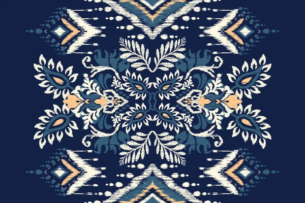 ネイビーブルーの背景にイカットの花ペイズリー刺繍 イカットの民族的な東洋のパターンの伝統 アステカスタイル抽象的なベクトルイラスト テクスチャ ファブリック ラッピング カーペットのためのデザイン — ストックベクタ