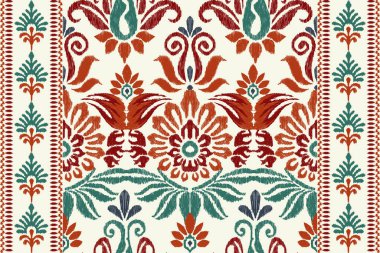 Beyaz arka plana Ikat desenli desenli işleme.Etnik oryantal desen geleneği. Doku, kumaş, giysi, ambalaj, dekorasyon, sarong, eşarp için soyut vektör çizimi.