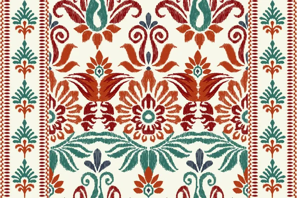 Beyaz arka plana Ikat desenli desenli işleme.Etnik oryantal desen geleneği. Doku, kumaş, giysi, ambalaj, dekorasyon, sarong, eşarp için soyut vektör çizimi.