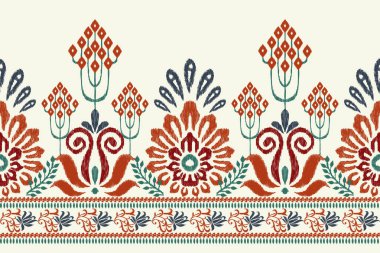 Beyaz arka plana Ikat desenli desenli işleme.Etnik oryantal desen geleneği. Doku, kumaş, giysi, ambalaj, dekorasyon, sarong, baskı için soyut vektör çizimi.