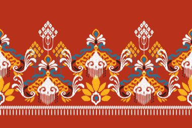 Kırmızı arka plana Ikat desenli desenli işleme.Etnik oryantal desen geleneği. Doku, kumaş, giysi, ambalaj, dekorasyon, sarong, baskı için soyut vektör çizimi..