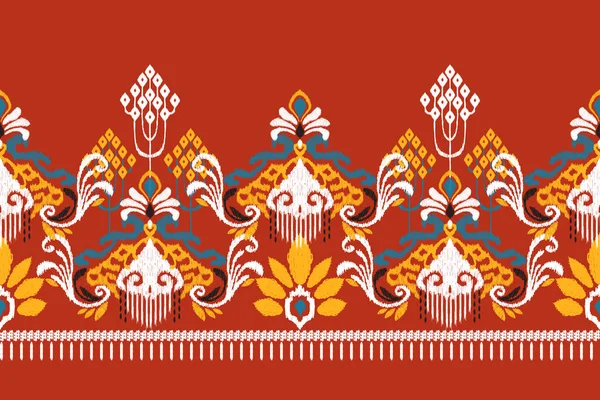 Ikat Bloemen Paisley Borduurwerk Rode Achtergrond Ikat Etnisch Oosters Patroon — Stockvector