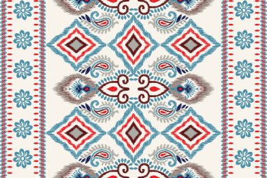 Beyaz arka plana Ikat desenli desenli işleme.Etnik oryantal desen geleneği. Doku, kumaş, giysi, ambalaj, dekorasyon, atkı, halı için soyut vektör çizimi.