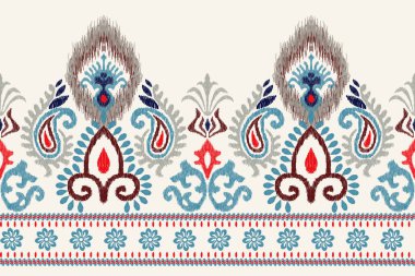 Beyaz arka plana Ikat desenli desenli işleme.Etnik oryantal desen geleneği. Doku, kumaş, giysi, ambalaj, dekorasyon, sarong, baskı için soyut vektör çizimi.