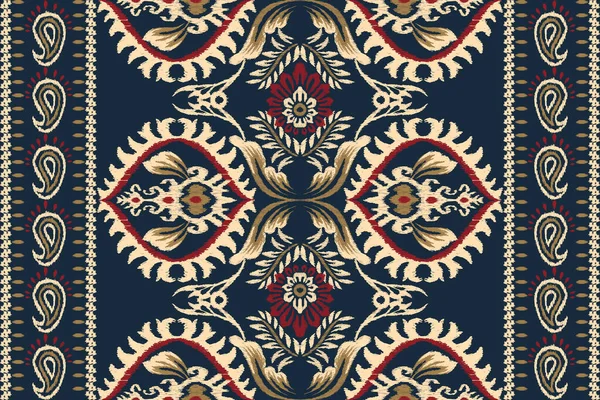 Ikat Floral Paisley Embroidery Navy Blue Background Ikat Ethnic Oriental — 스톡 벡터