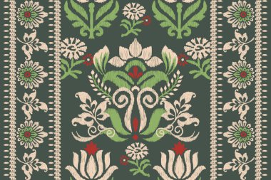 Yeşil arka planda Ikat desenli desenli işleme.Etnik oryantal desen geleneği. Doku, kumaş, giysi, ambalaj, dekorasyon, atkı, halı için soyut vektör çizimi.