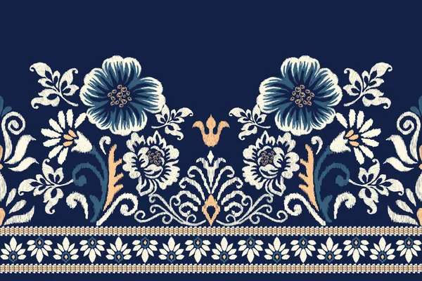 Ikat Bordado Paisley Floral Sobre Fondo Azul Marino Ikat Patrón — Vector de stock