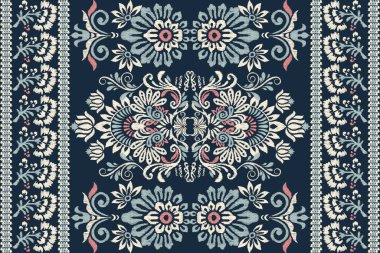 Ikat çiçekli şal desenli lacivert arka plan nakışı. Etnik oryantal desen geleneği. Doku, kumaş, elbise, ambalaj, dekorasyon, halı tasarımı..