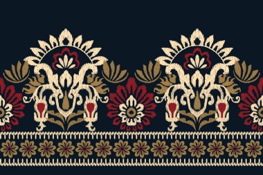 Siyah arka plana Ikat desenli desenli işleme.Etnik oryantal desen geleneği. Doku, kumaş, giysi, ambalaj, dekorasyon, sarong, baskı için soyut vektör çizimi.