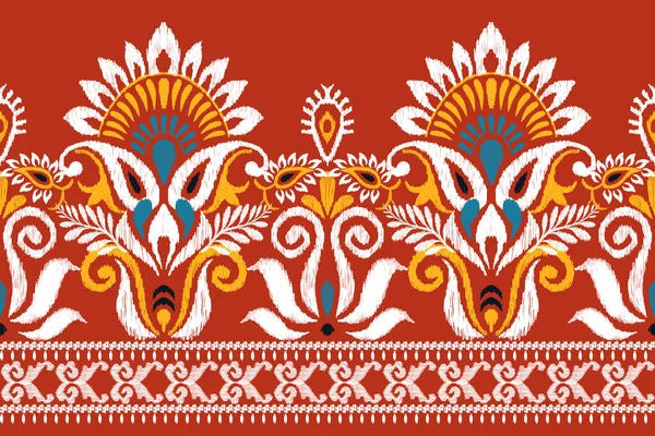 Ikat Broderie Paisley Floral Sur Fond Rouge Ikat Motif Oriental — Image vectorielle