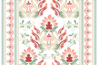 Beyaz arka plana Ikat desenli desenli işleme.Etnik oryantal desen geleneği. Doku, kumaş, giysi, ambalaj, dekorasyon, atkı, halı için soyut vektör çizimi.