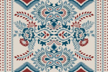 Gri arka plana Ikat desenli desenli desenli işleme.Etnik oryantal desen geleneği. Doku, kumaş, giysi, ambalaj, dekorasyon, atkı, halı için soyut vektör çizimi..