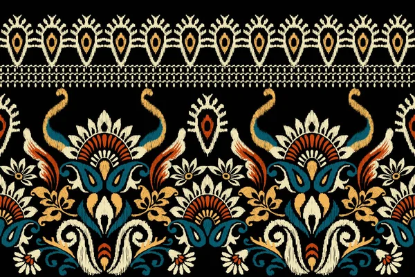 Ikat Broderie Florală Paisley Fundal Negru Ikat Model Etnic Oriental — Vector de stoc