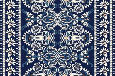 Ikat çiçekli şal desenli lacivert arka plan nakışı. Etnik oryantal desen geleneği. Doku, kumaş, giysi, ambalaj, dekorasyon, eşarp için tasarım..