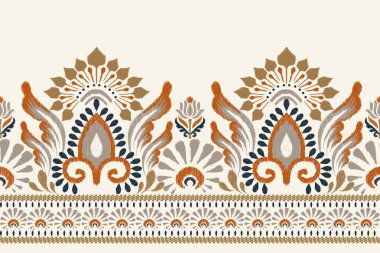 Beyaz arka plana Ikat desenli desenli işleme.Etnik oryantal desen geleneği. Doku, kumaş, giysi, ambalaj, dekorasyon, sarong, baskı için soyut vektör çizimi.